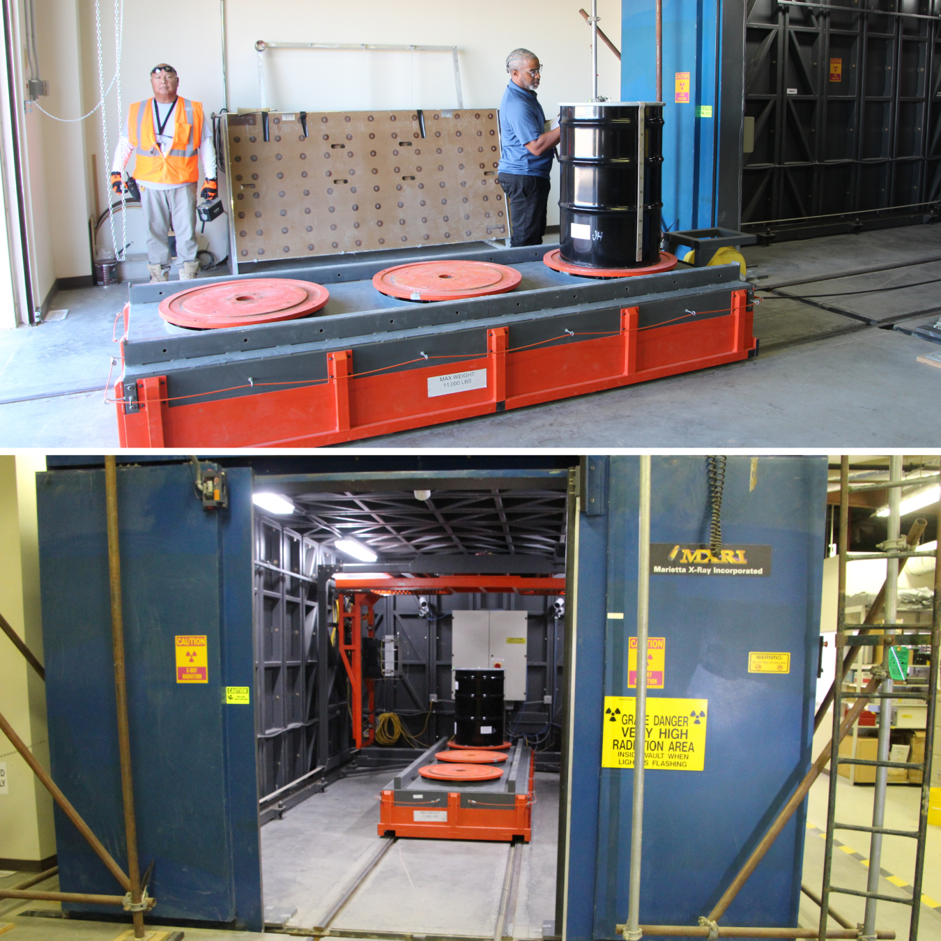 Two pictures, the picture on top show a large red and black device, the bottom picture shows the device inside a shipping container
