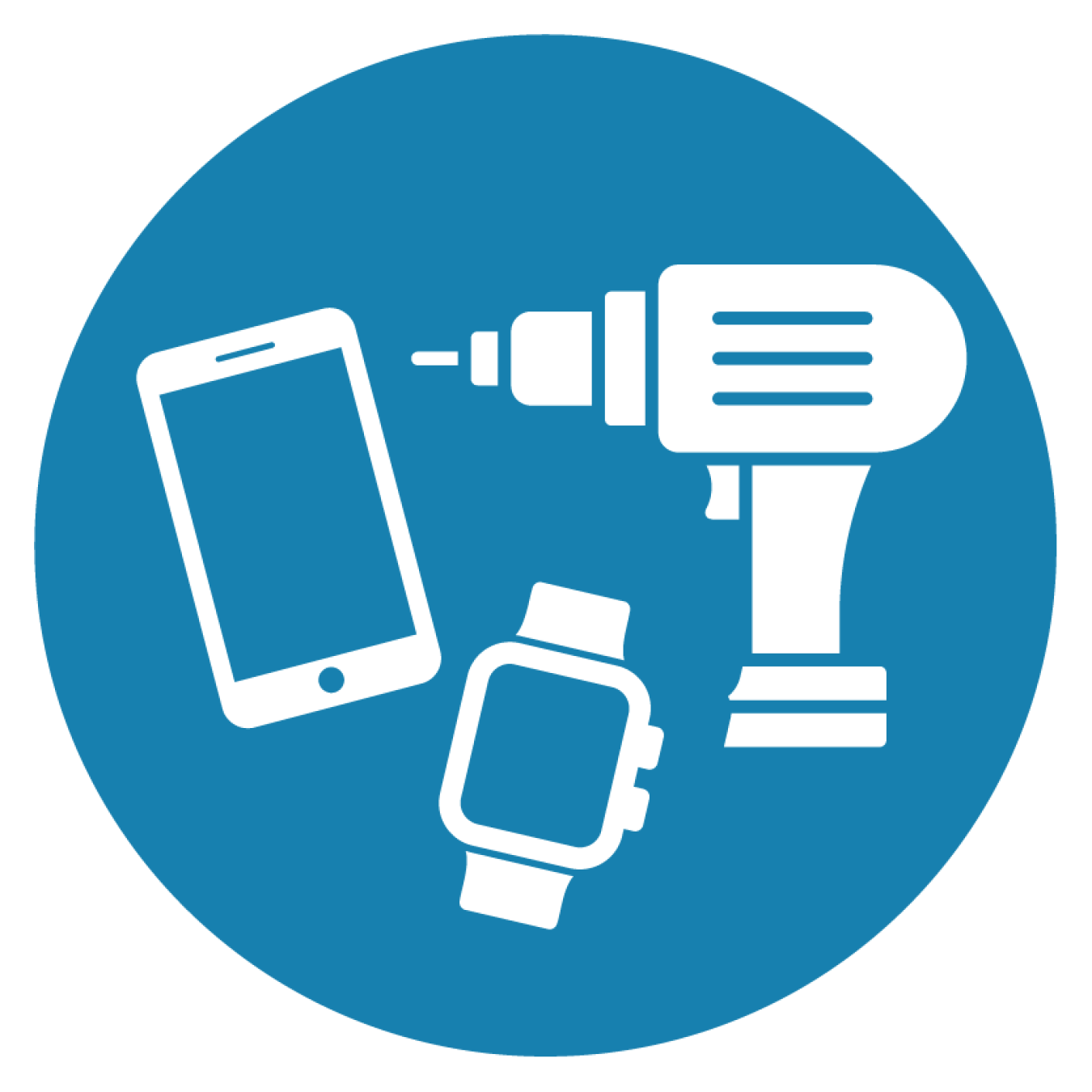 An icon of a smart phone, smart watch, and power tool