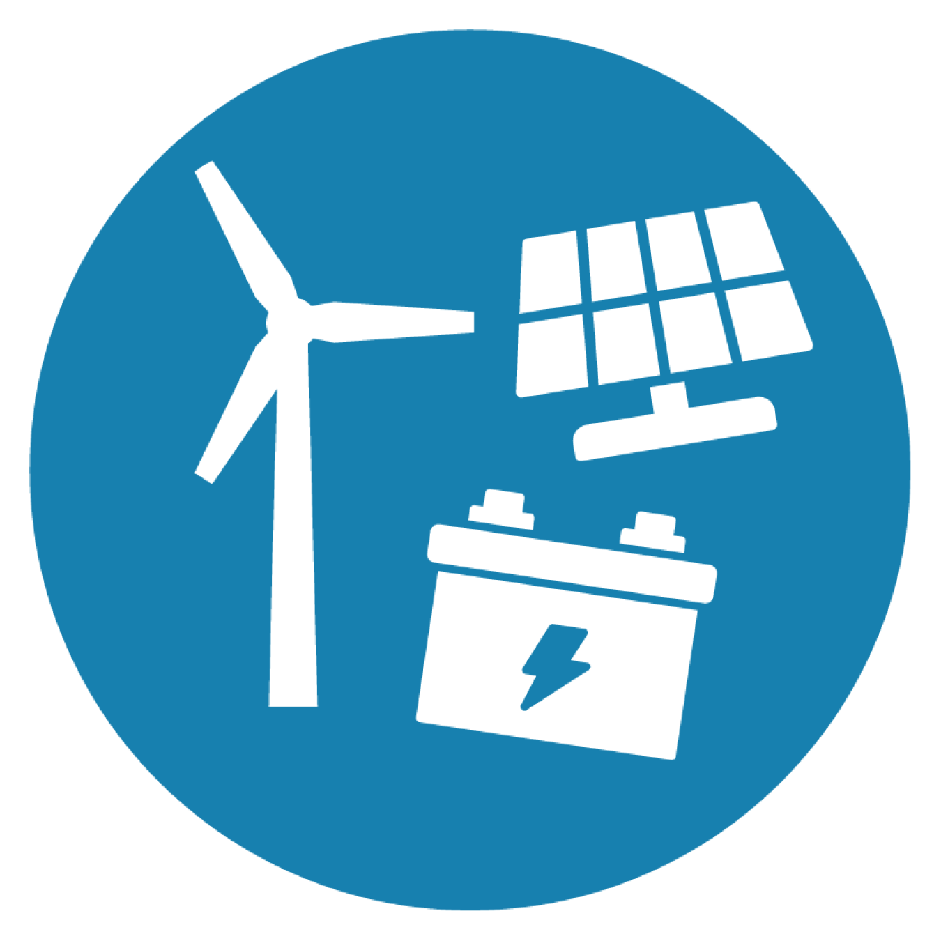 An icon of a wind turbine, solar panel, and battery