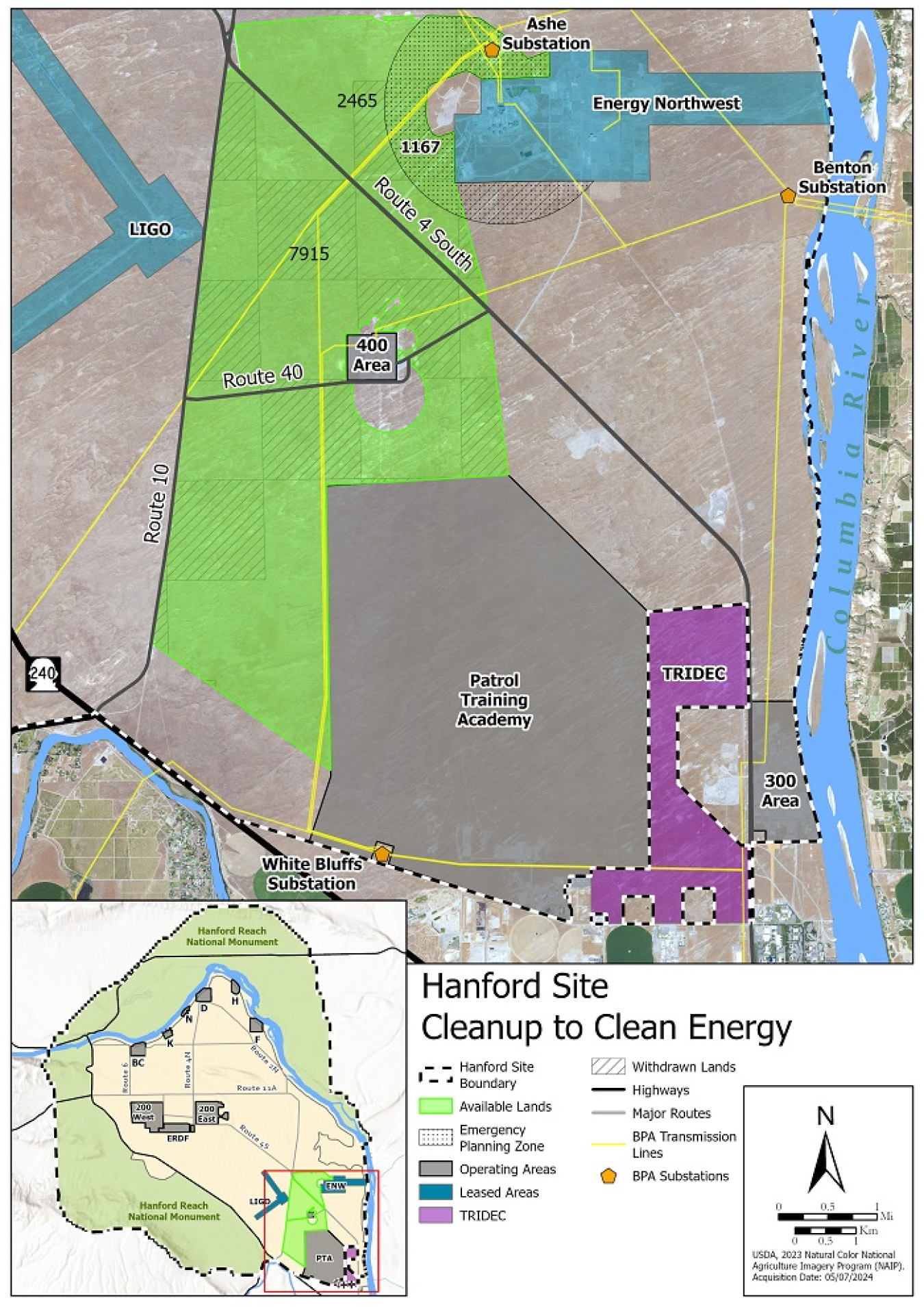 Color coded map of the Hanford Site Cleanup to Clean Energy available land is located