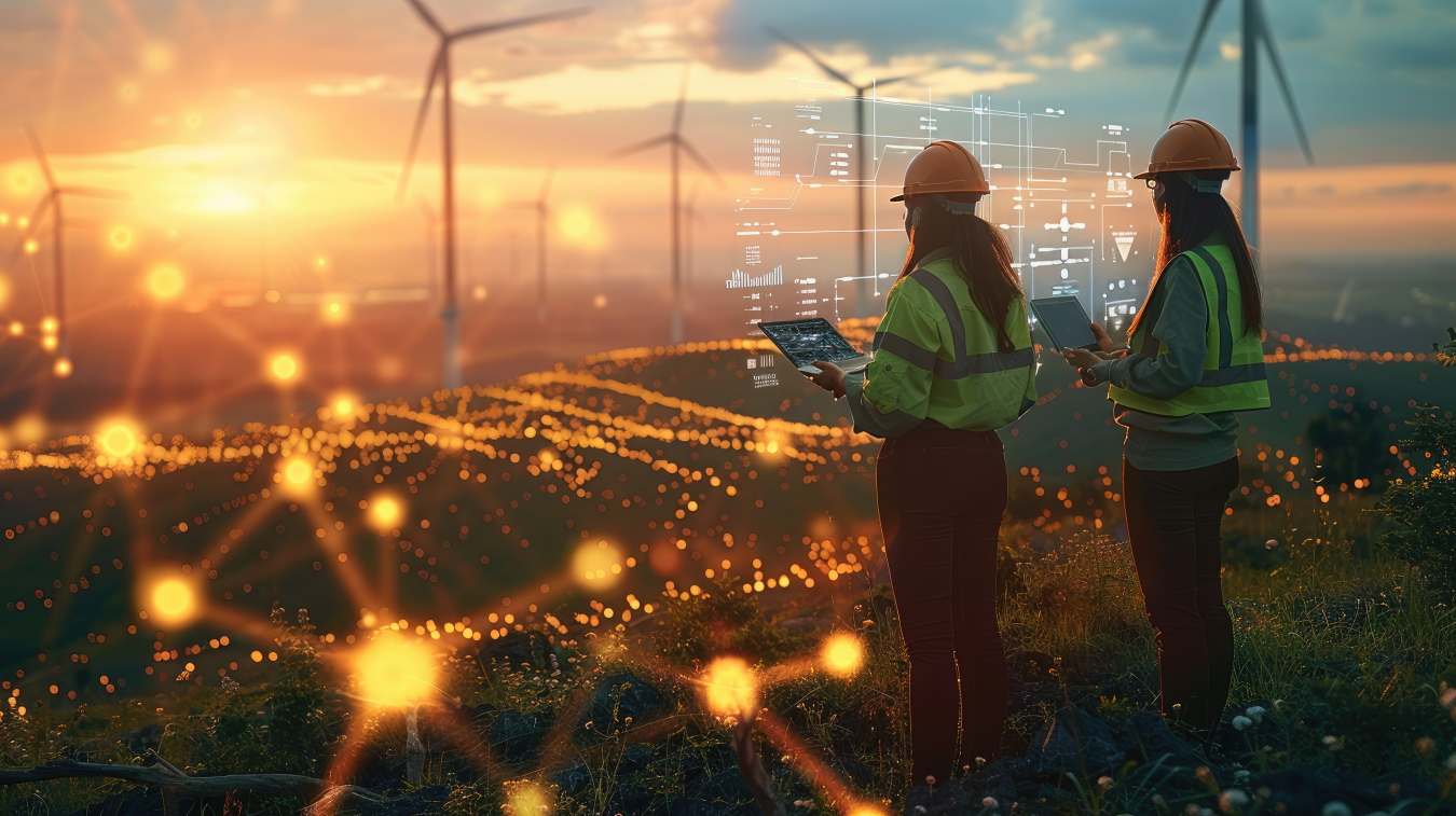 Workers with laptops look out with a glass reflection of charts and graphs in the foreground that includes a futuristic view of wind turbines and twinkling night lights.