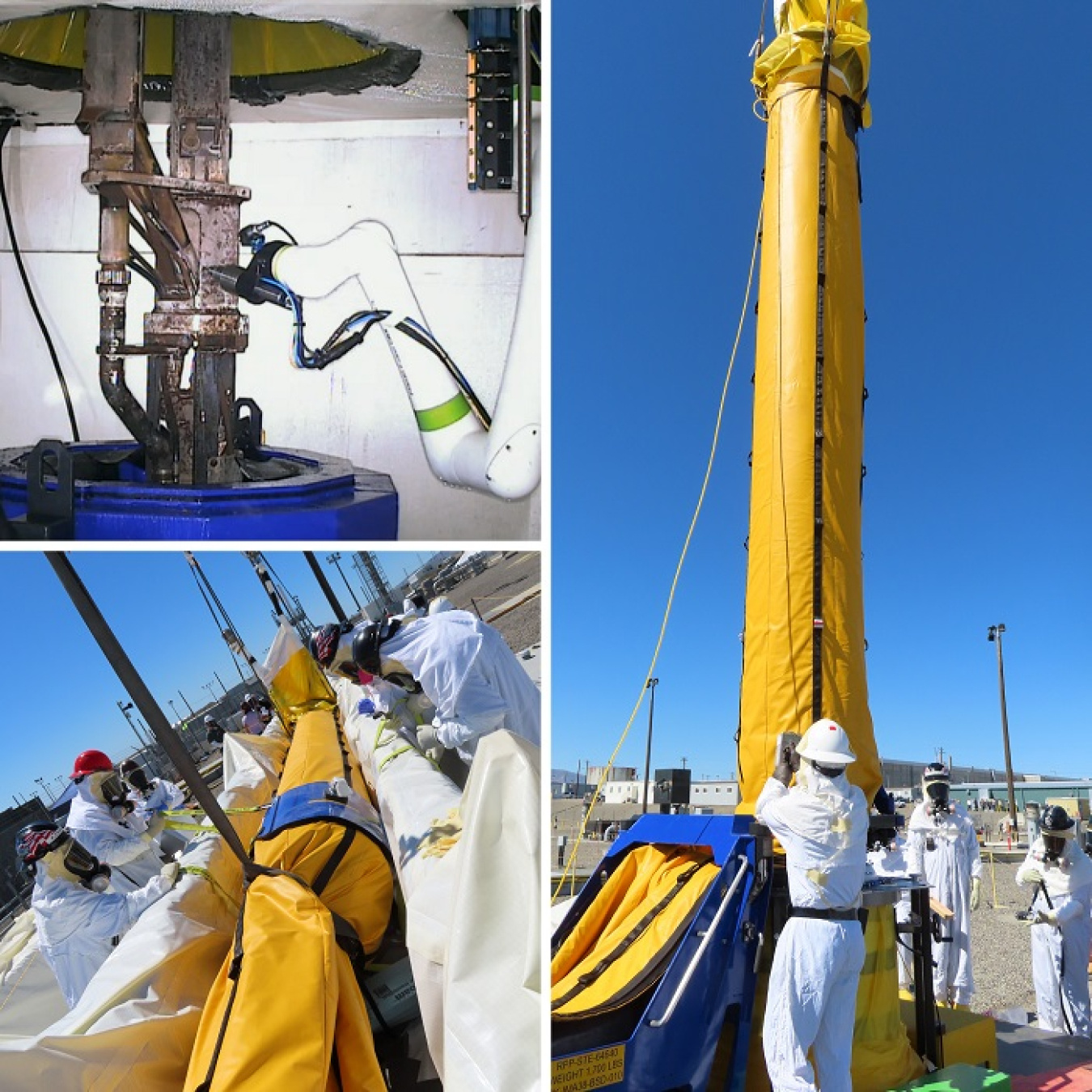 Collage of three photos of workers using a robotic arm