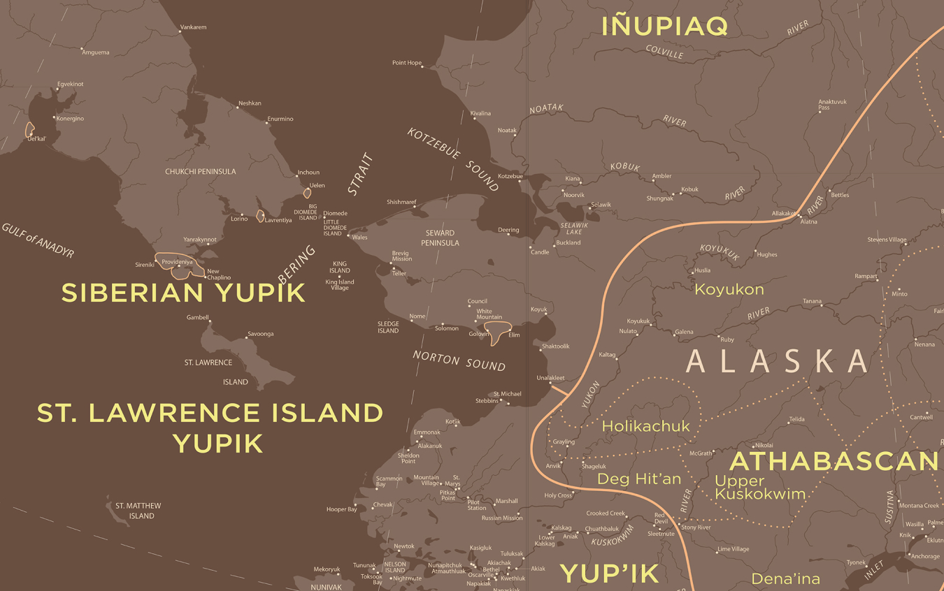 Alaska is home to over 100,000 Indigenous residents who represent twenty distinctive cultures and languages. The map shows cities, towns and villages where most people live today, but depicts Alaska Native territories as they existed in about 1890, before the main influx of Euro-American settlers.