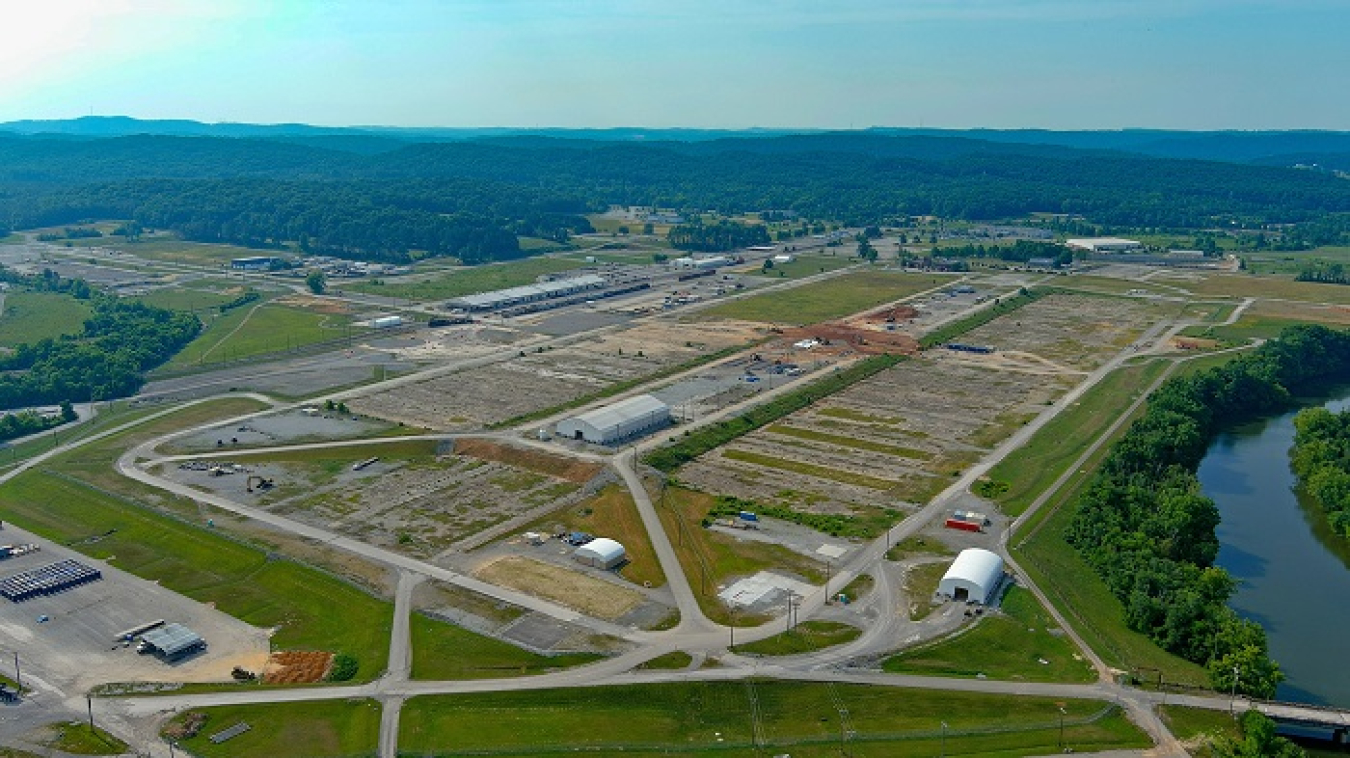 An aerial view of work beginning in the middle of the K-25 Building footprint, known as Exposure Unit-21.