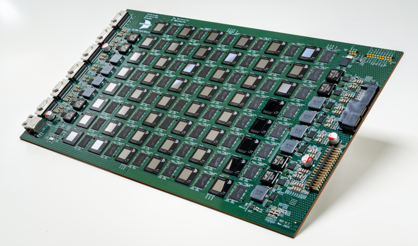 Large green Sandia server board integrating 48 SpiNNaker2