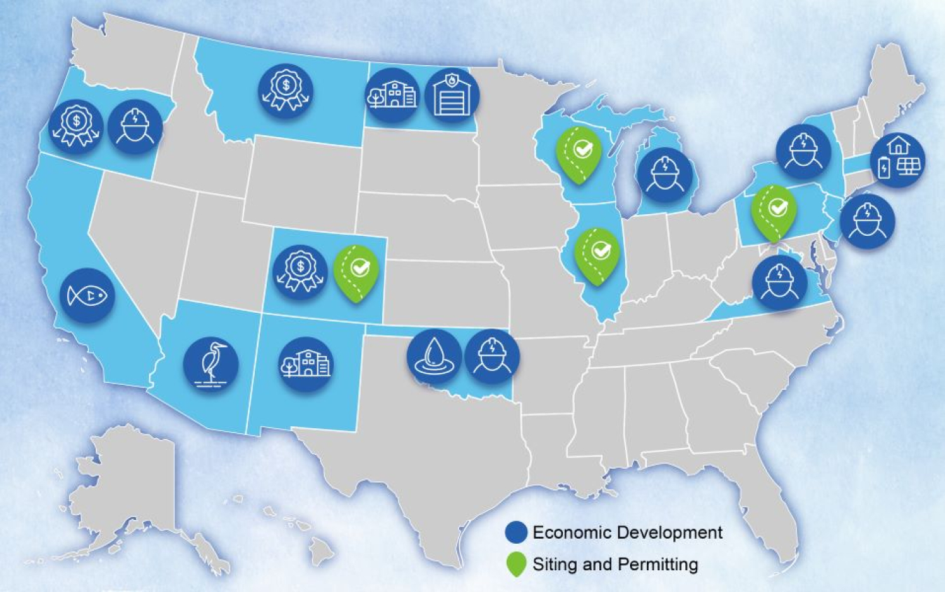 A map showing the twenty selected projects to receive Transmission Siting and Economic Development grants in areas across the United States.