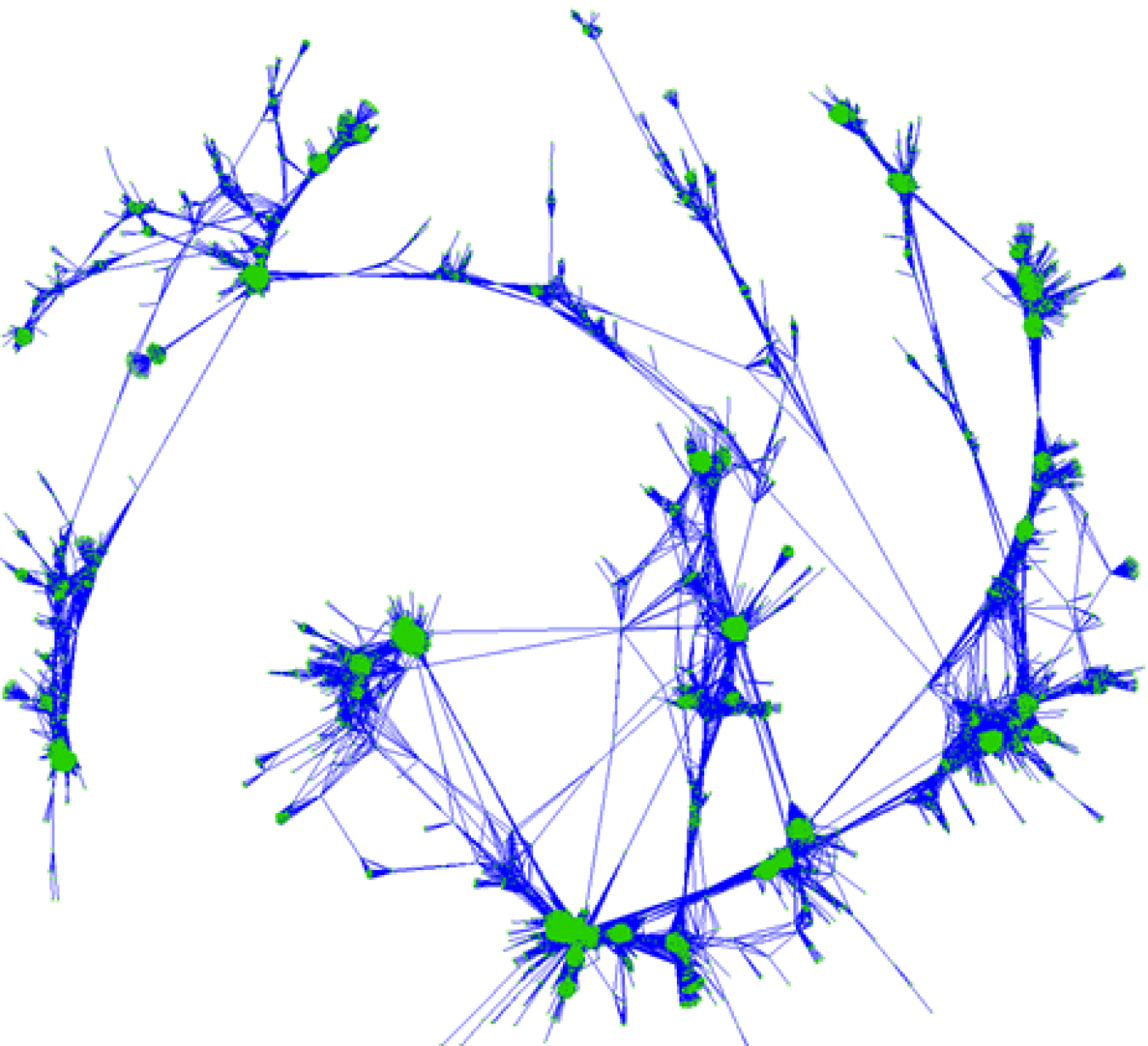 A visualization of a network depicting correlations between genes in a population. These correlations can be used to identify genetic markers linked to complex observable traits.