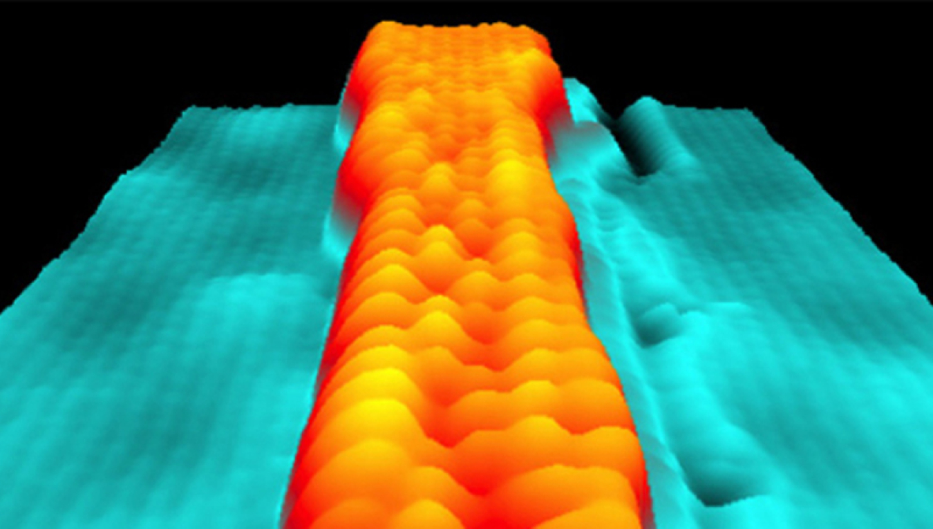 Scanning tunneling microscopy image shows a variable-width graphene nanoribbon. Atoms are visible as individual "bumps."