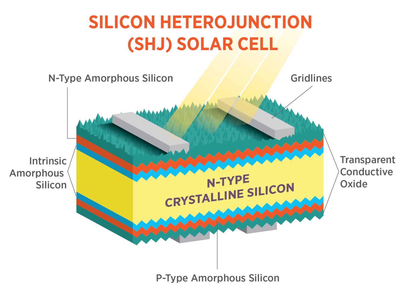 This image shows the layers within a silicon heterojunction cell: the n-type amorphous silicon, the gridlines, the n-type crystalline silicon, the intrinsic amorphous silicon, the transparent conductive oxide, and the p-type amorphous silicon.