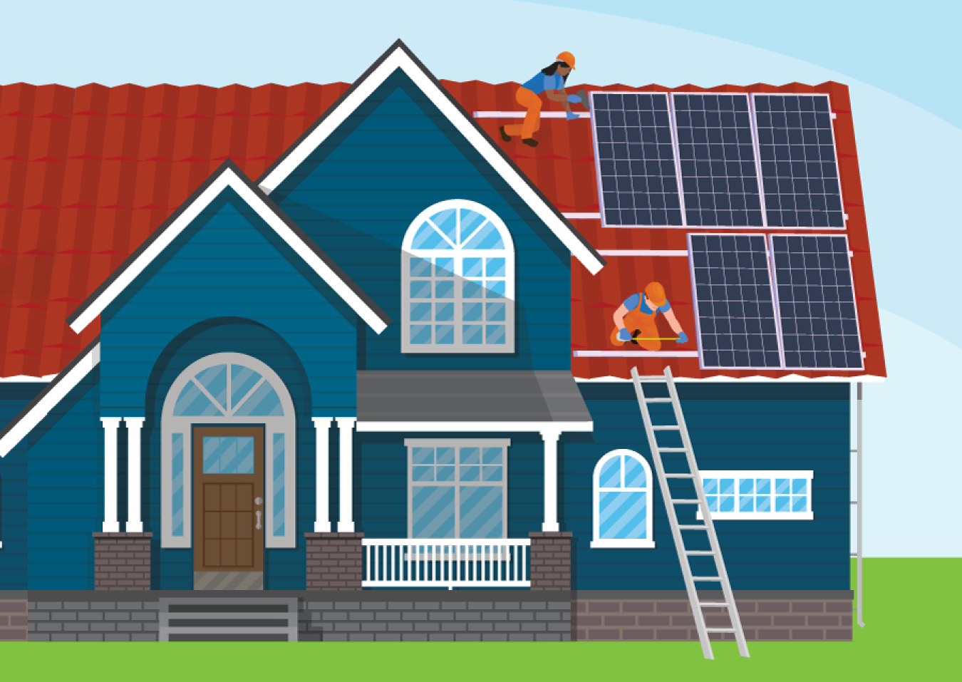 A graphical depiction of solar panels being installed on a residential rooftop.