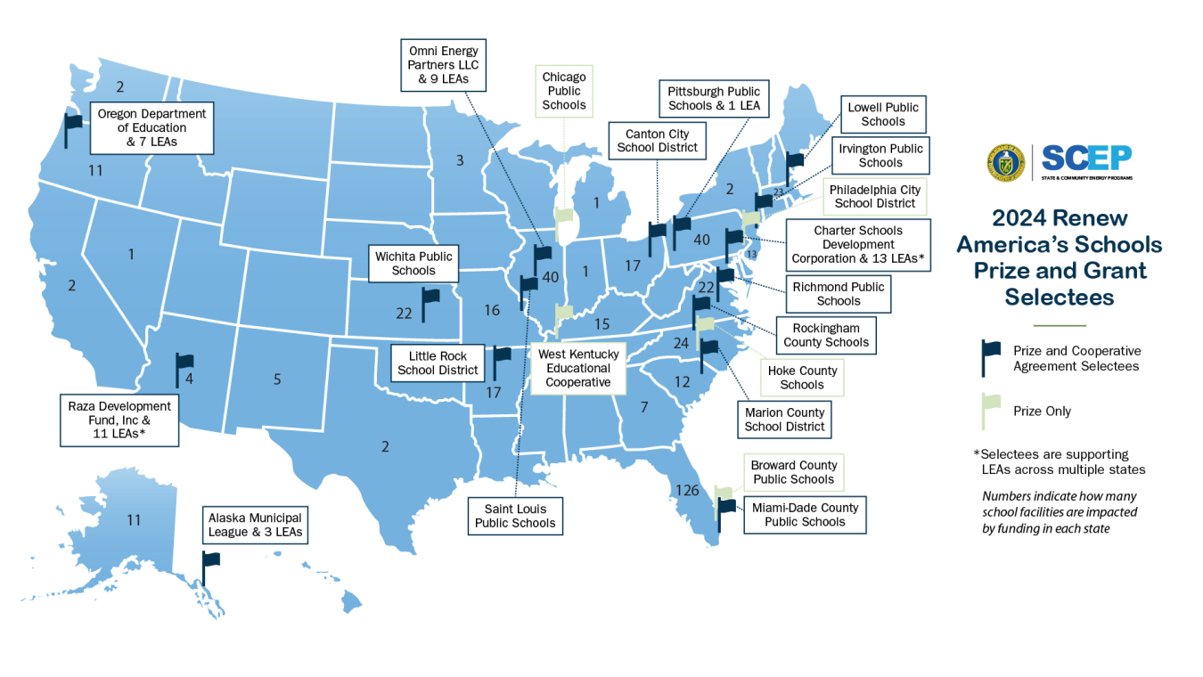 Blue map of the United States with green and blue flags in various locations showing the selectees of the 2024 Renew America's Schools Prize and Grant