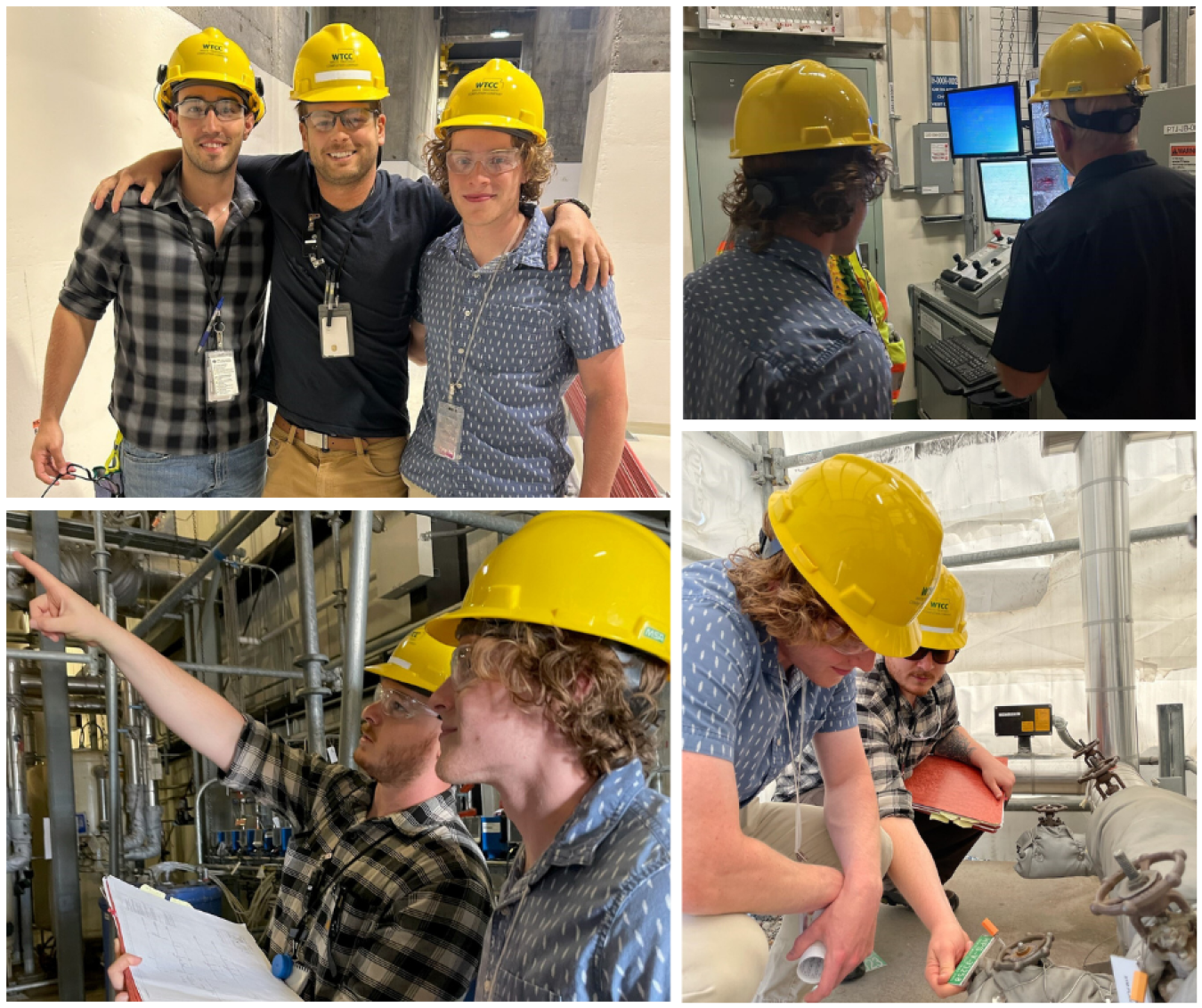 A collage of students and employees wearing yellow hard hats doing work inside a laboratory