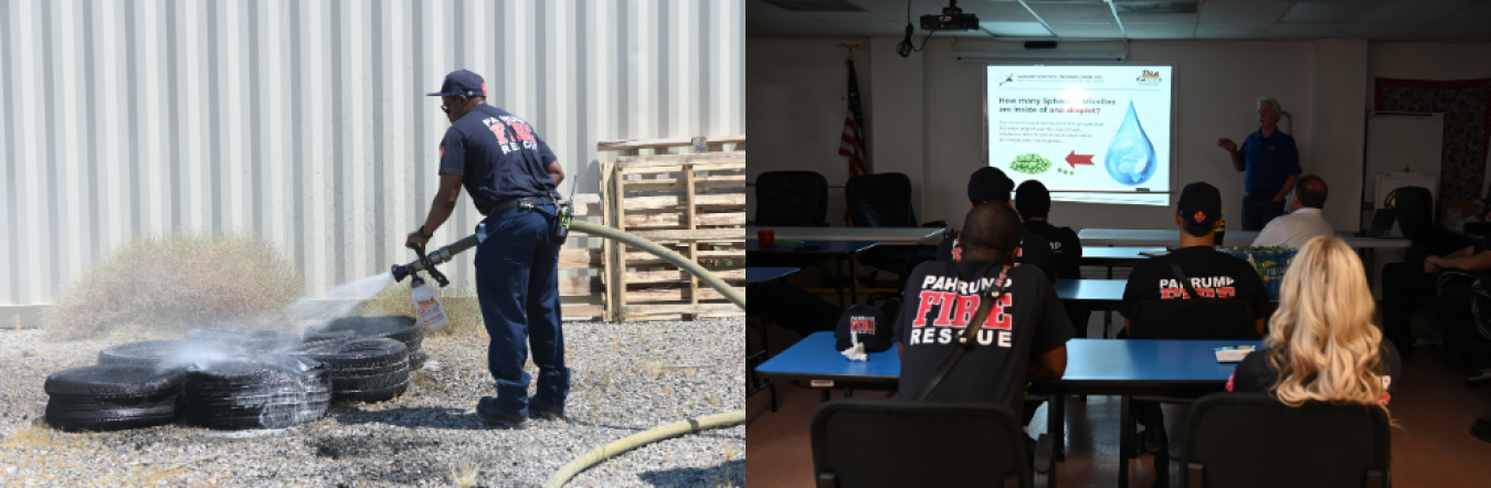 Two photos side by side, the left showing a man using a hose to put out a fire and the left shows people in a classroom listening to a presentation being given