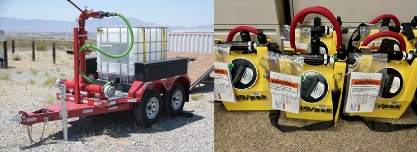 Two photos side by side, the one  on the left displays a red machine and the right shows multiple smaller yellow machines