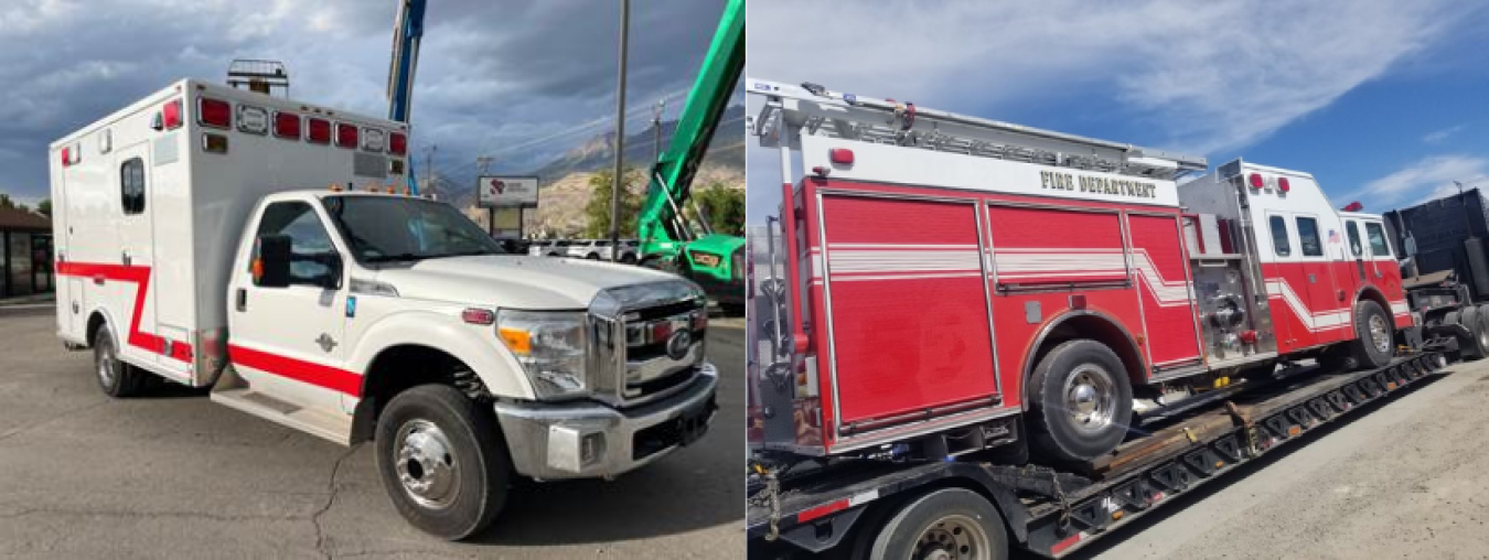 A white and red ambulance on the left and red fire truck on the right