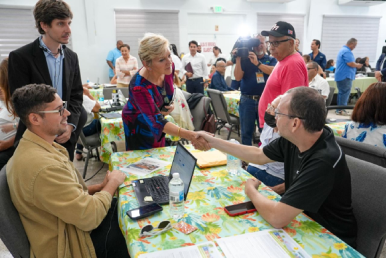 United States Secretary of Energy Jennifer Granholm greets members during a solar and storage system tour in Isabela, Puerto Rico.