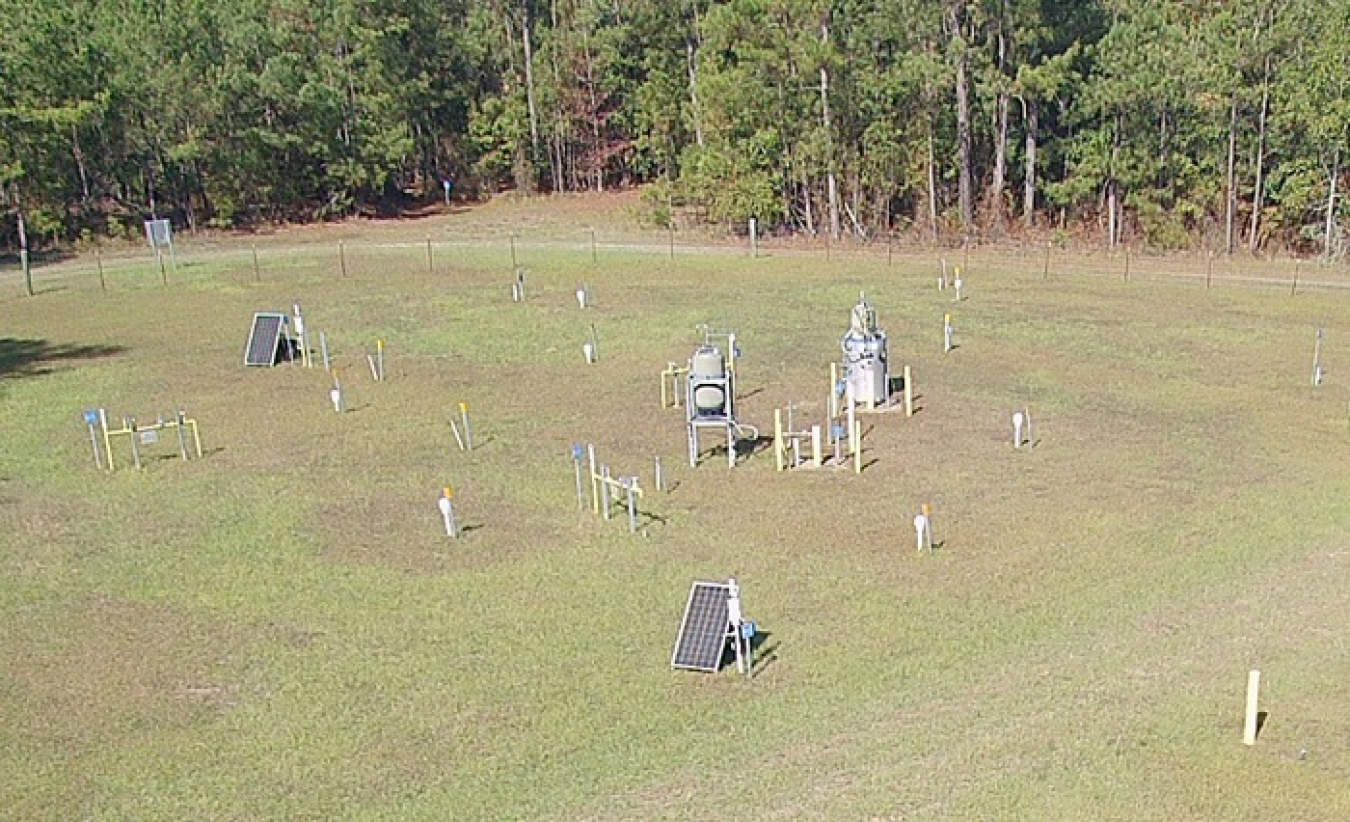 aerial shots of microblowers positioned throughout an open grassy space