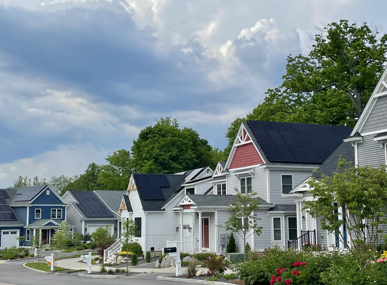 Neighborhood of houses with solar rooftop solar panels