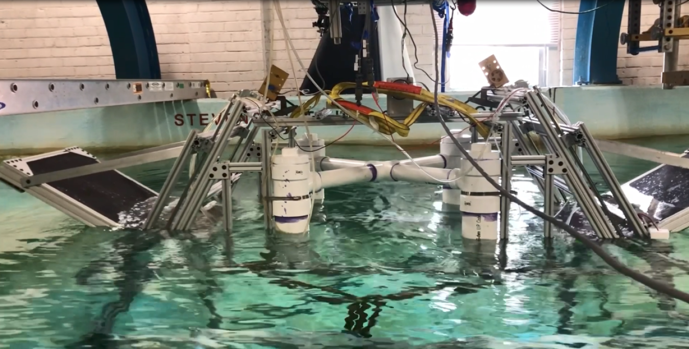 Wave energy converter floating in a wave tank at the Stevens Institute of Technology.