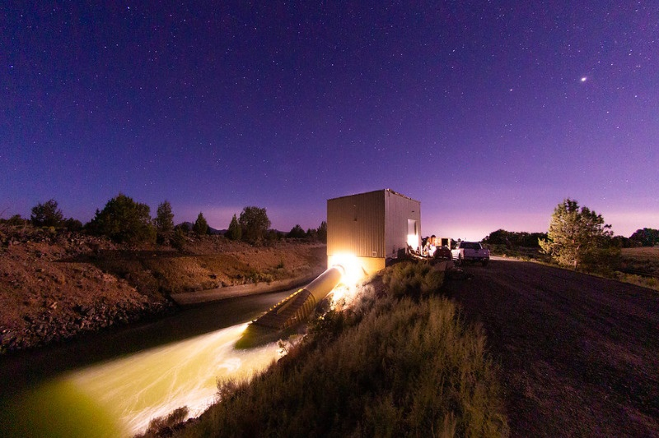 Starry sky night view of Natel Energy Monroe Drop Hydropower Plant in Madras, Oregon.