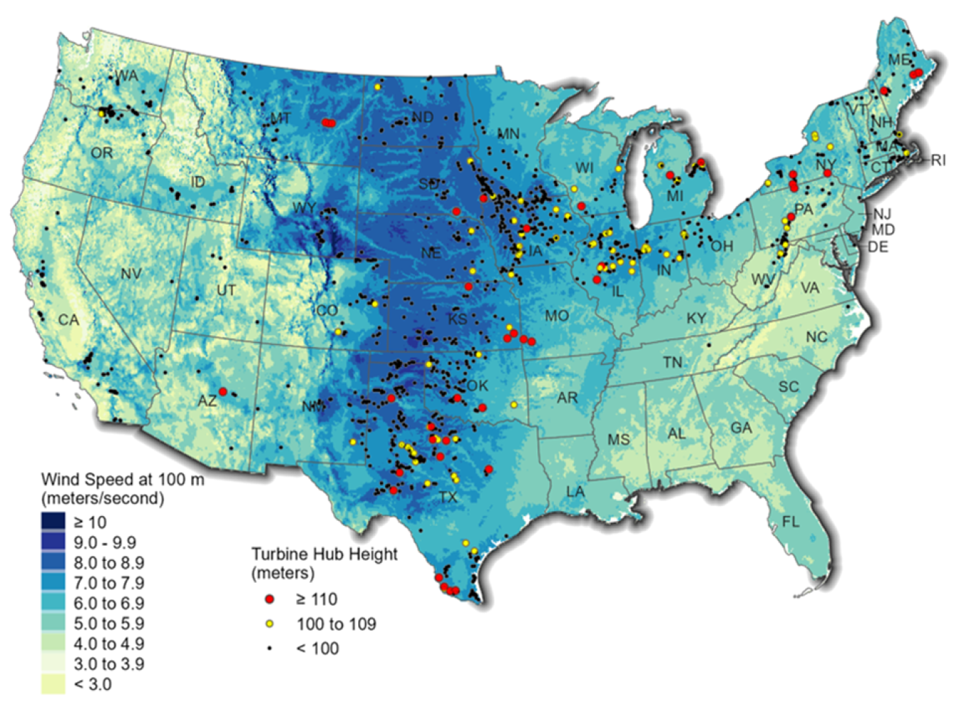 Location of tall-tower turbine installations from the Land-Based Wind Market Report: 2024 Edition.