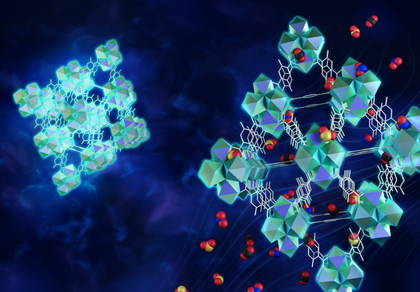 Highly porous MOFs can trap toxic gas molecules and prevent them from entering the atmosphere and can also be used to build sensors. This illustration shows the material’s normal luminescence (left) switched off in the presence of harmful gases (right).