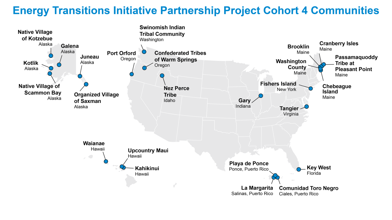 Map of the United States outlining the ETIPP Cohort 4 selections, with blue dots indicating where cohorts are located