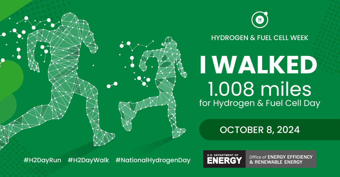 Illustrated silhouette of two people running and text: I walked 1.008 miles for Hydrogen & Fuel Cell Day, October 8, 2024, #H2DayRun, #H2DayWalk, #NationalHydrogenDay