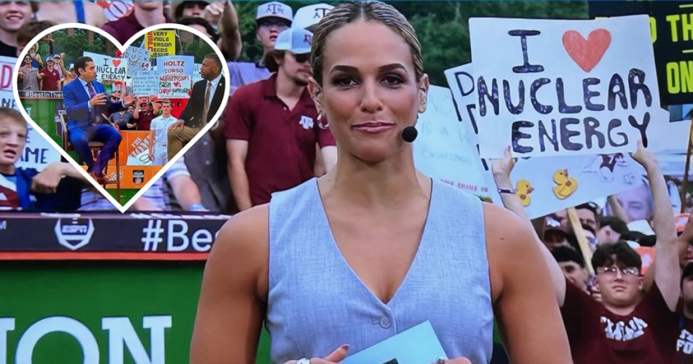 Texas A&M student holds up an "I Love Nuclear Energy" sign on ESPN's College GameDay broadcast