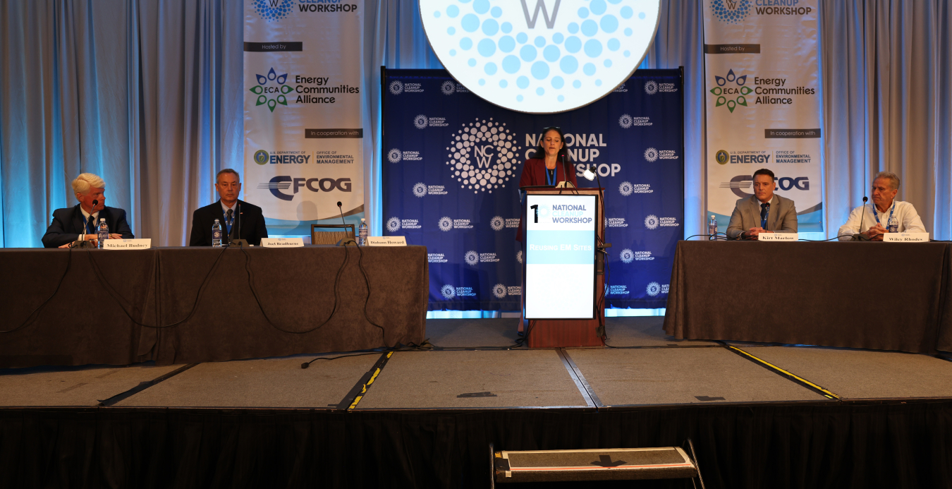 Men sit at panel tables on either side of a podium in the middle of a stage. A woman stands behind the podium and moderates the panel