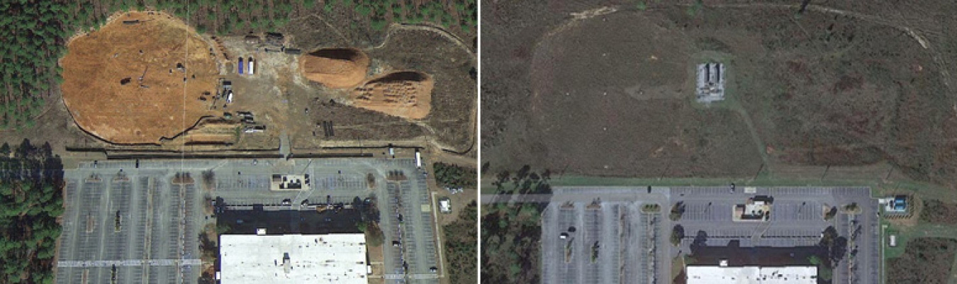 Aerial images of the site during and after construction.