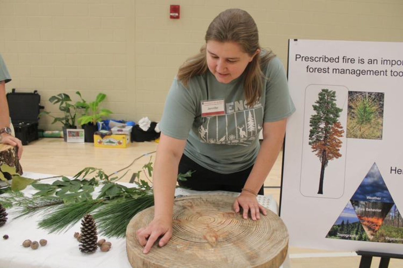 A woman stands behind a table and touches a round log cut from a tree. the tree rings are visible on the log
