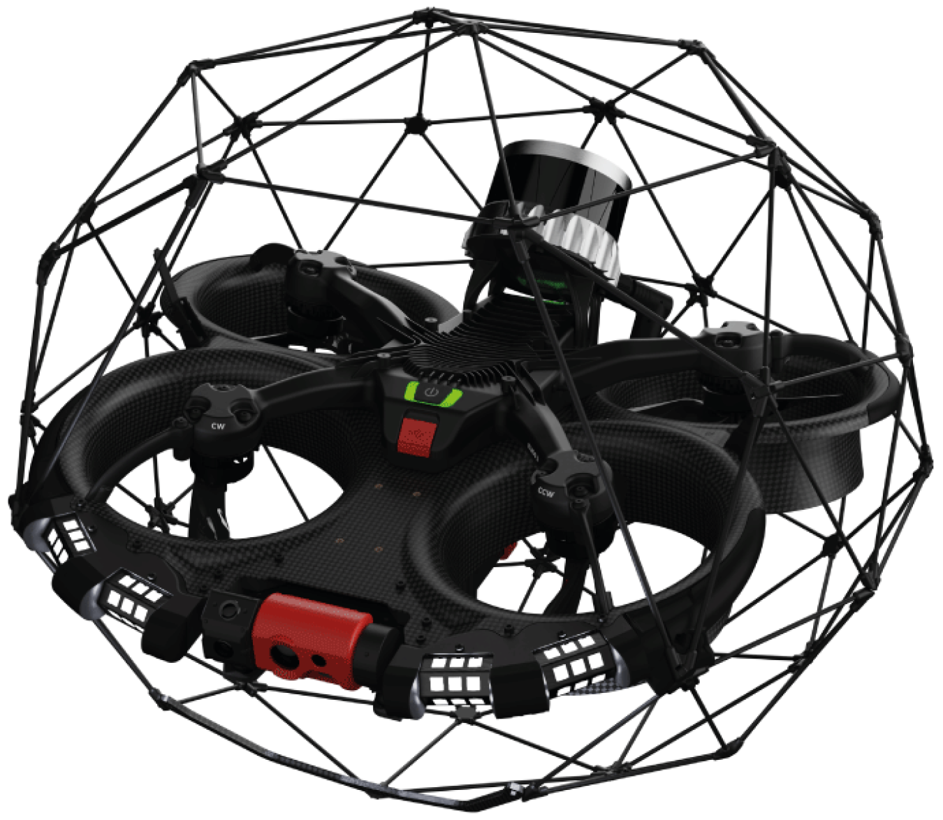A black drone inside a black round cage