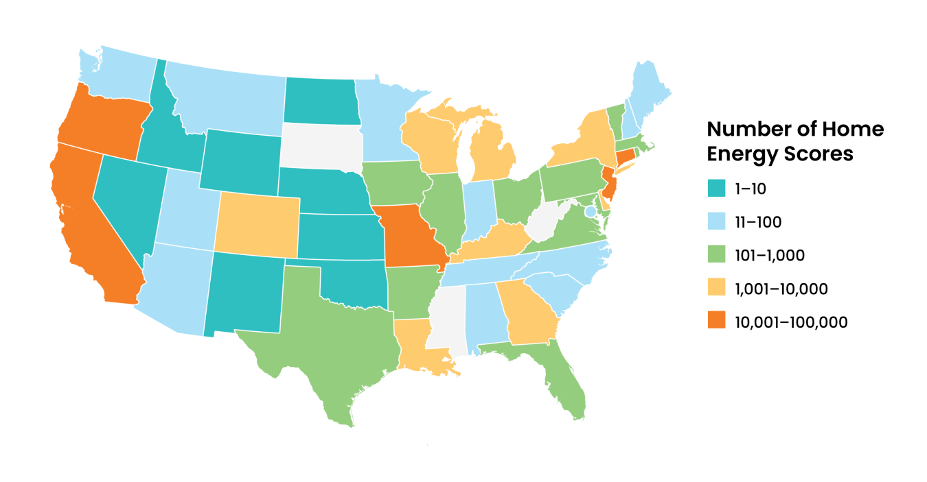 Map of U.S. states highlighted in colors indicating how many Home Energy Scores they have; see the photo caption for full info.