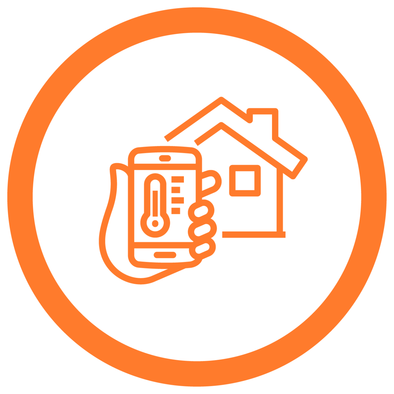 Circular icon depicting a house with a hand in front of it holding a device.