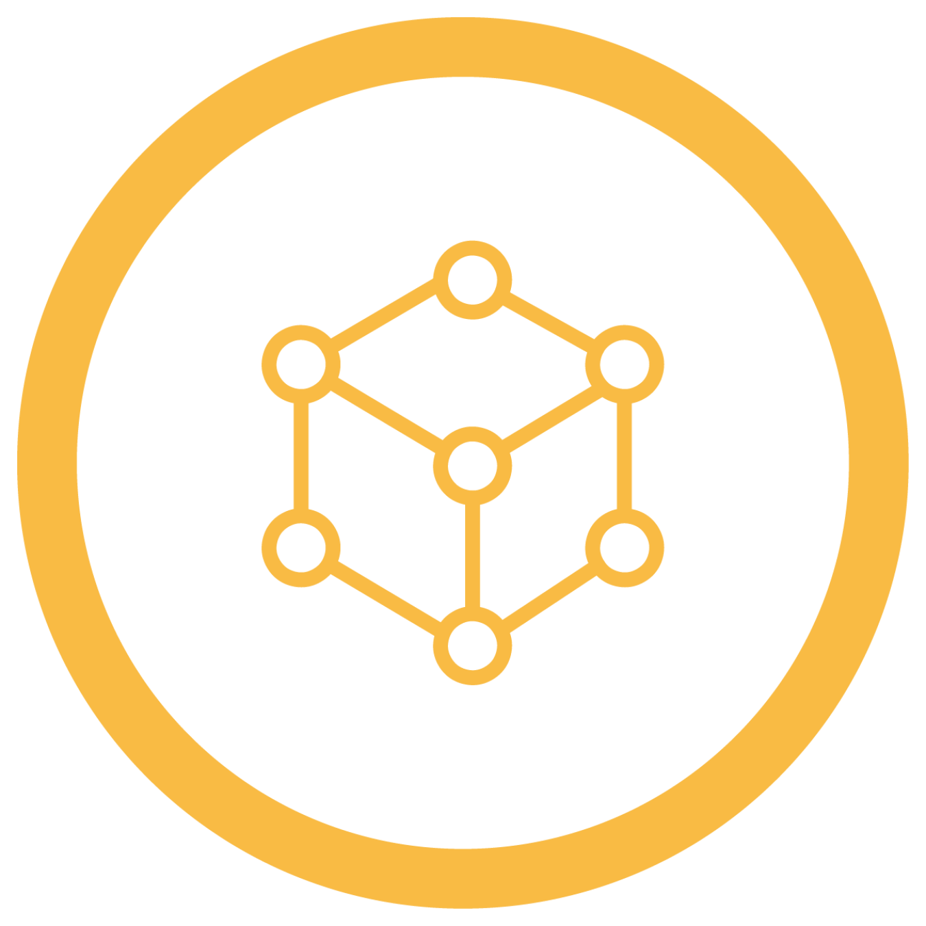 Circular icon depicting a cube figure with its corners accentuated with small circles.