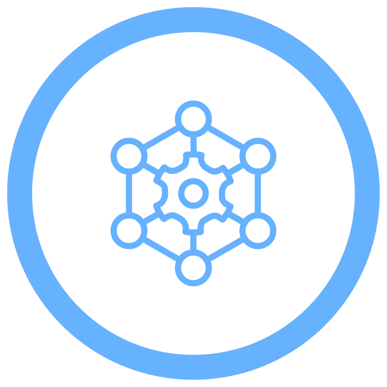 Circular icon depicting a circular object with six small circles around it.
