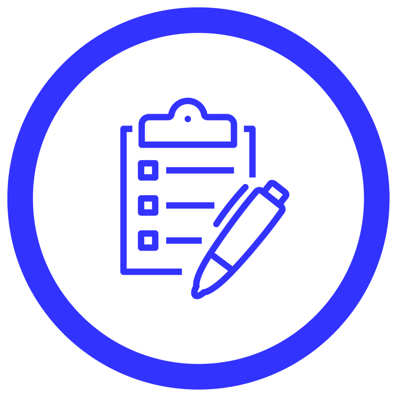 Circular icon depicting a clipboard and pen.