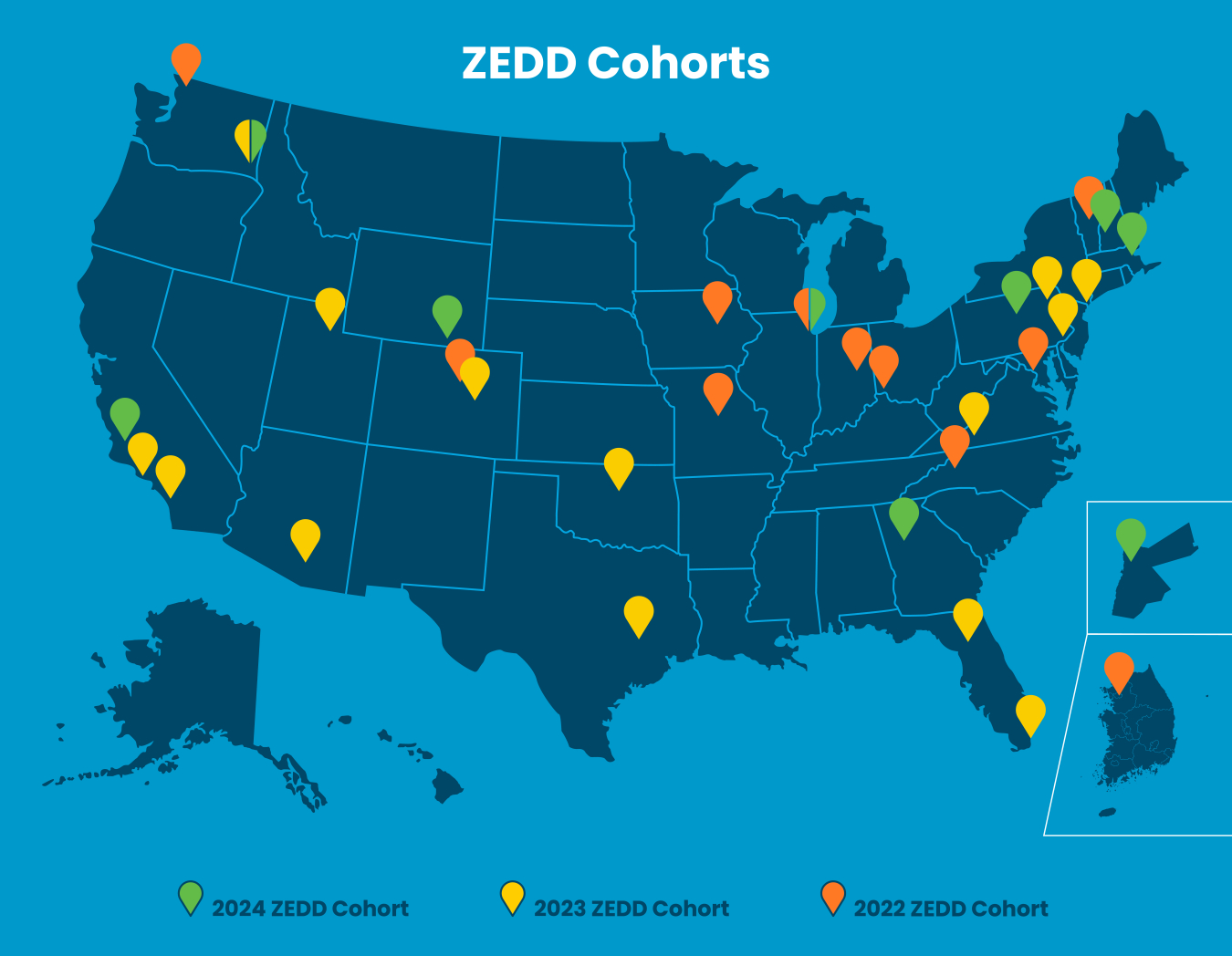U.S. map showing points where ZEDD designees are located.
