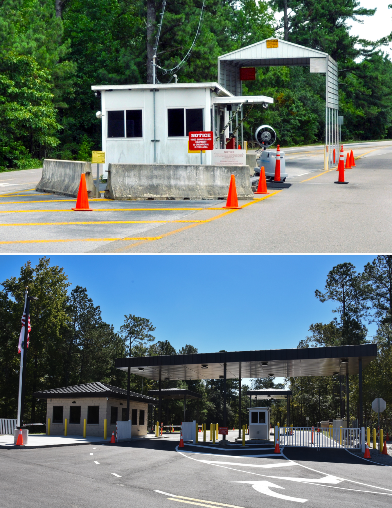 An early photo of a white guardhouse on top of a new large guardhouse on the bottom