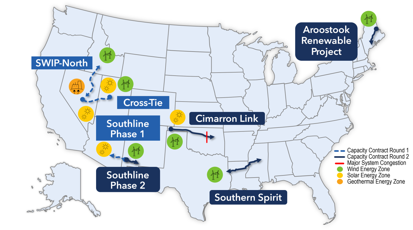 A map of the United States of America highlighting Transmission Facilitation Program selectees.