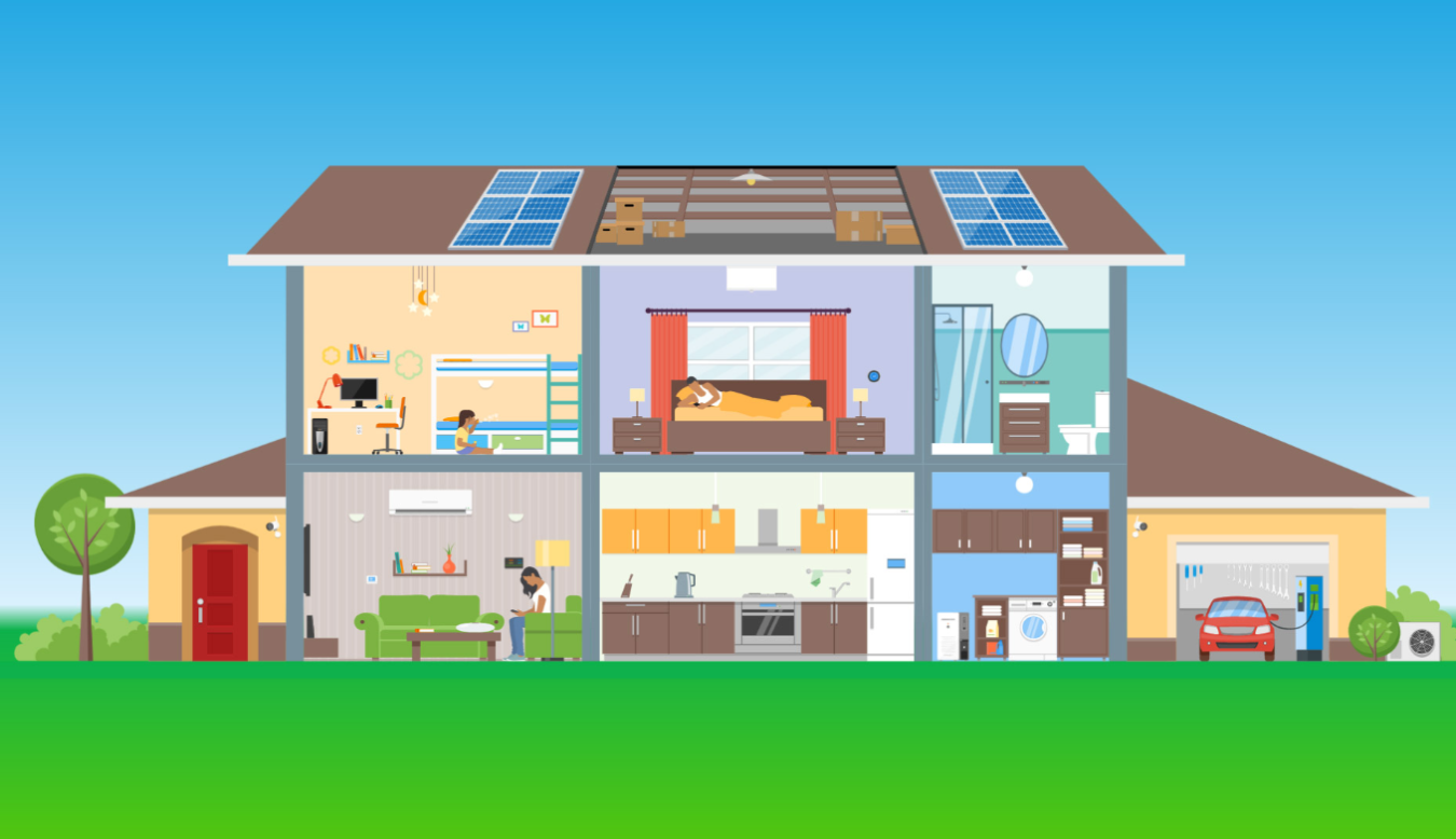 Illustration of a house and multiple rooms inside of it