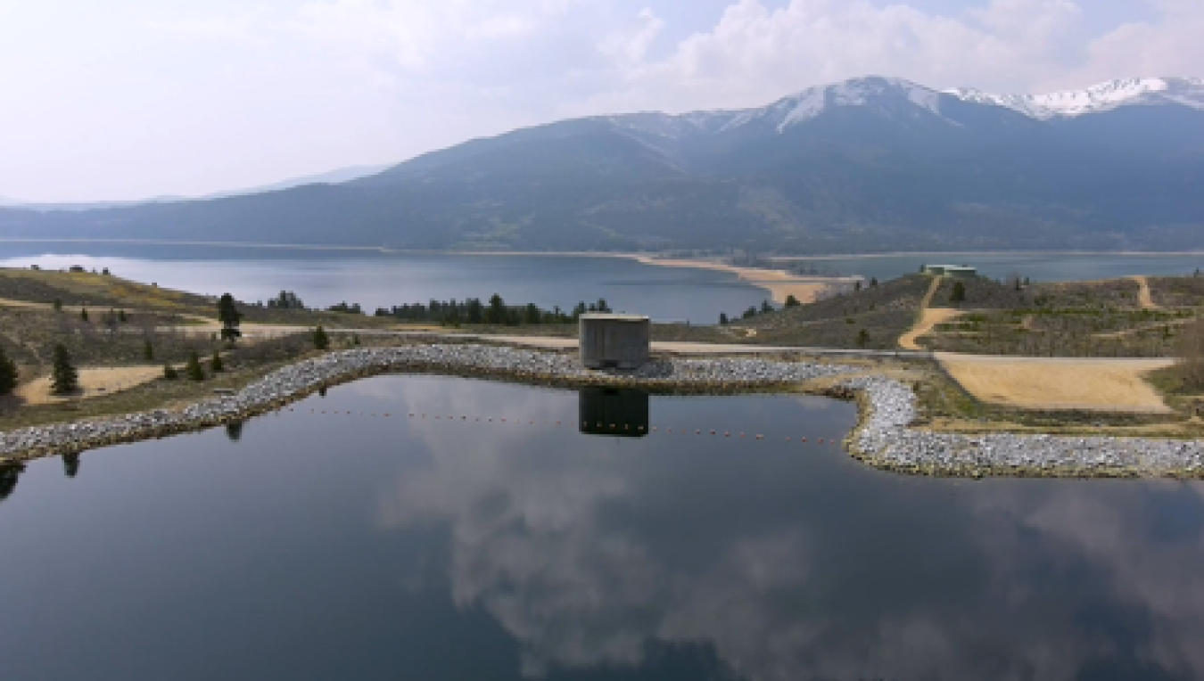View of a pumped storage hydropower facility from the reservoir at the top