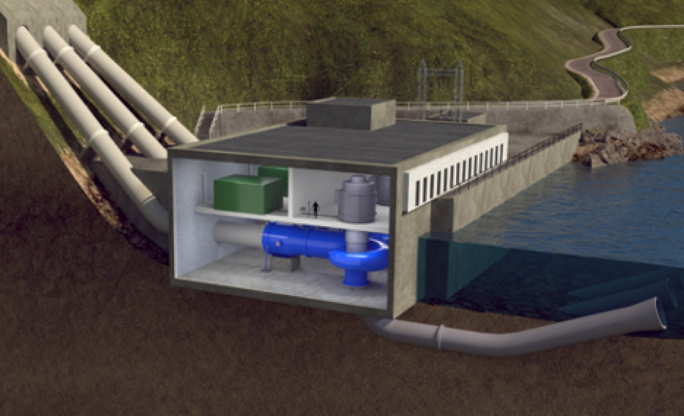 A pumped storage hydropower facility, comparing its size to that of a six-foot-tall person