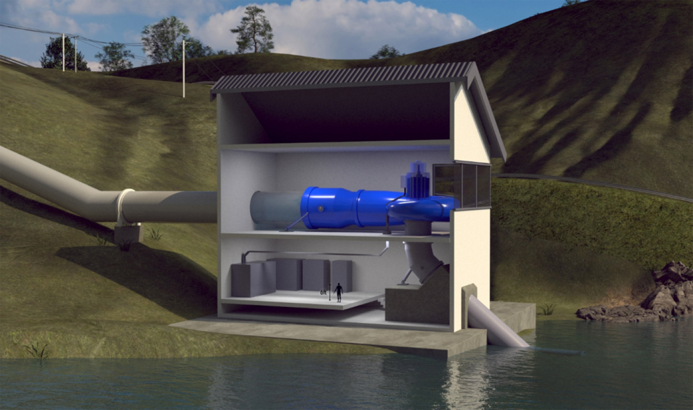 Diagram showing how a run-of-river bypass powerhouse compares to a 6-foot-tall person