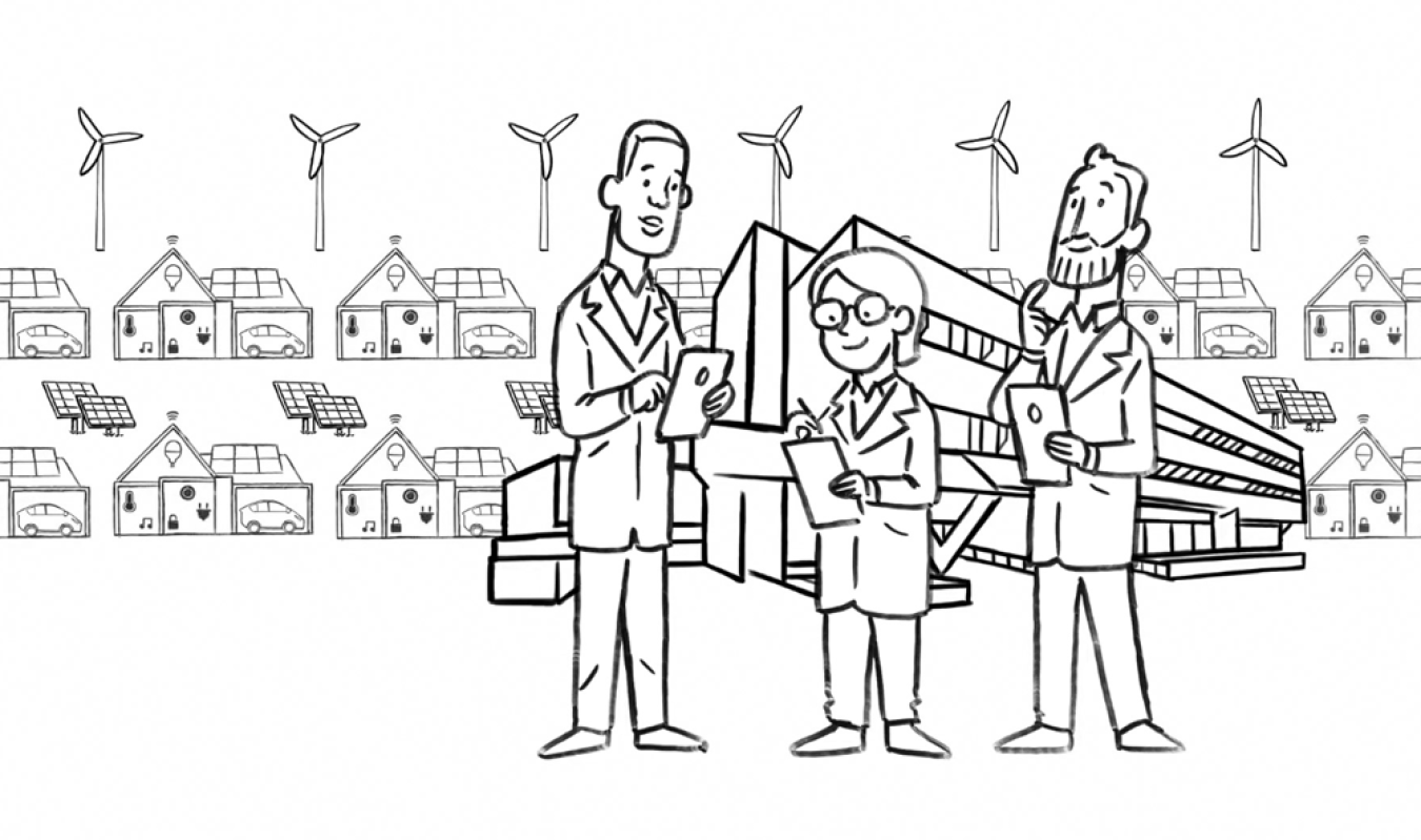 Illustration of scientists in front of a building with homes and wind turbines behind them