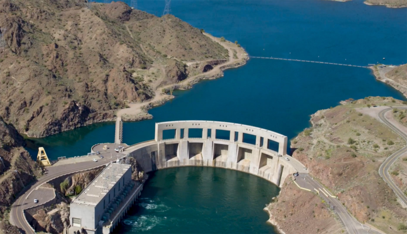 A hydropower dam and reservoir in a canyon