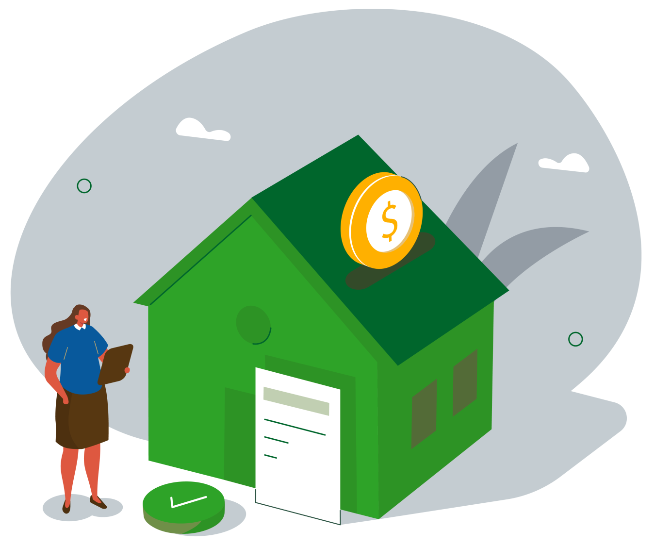 A graphic of a woman standing next to her house with a giant coin going through the roof