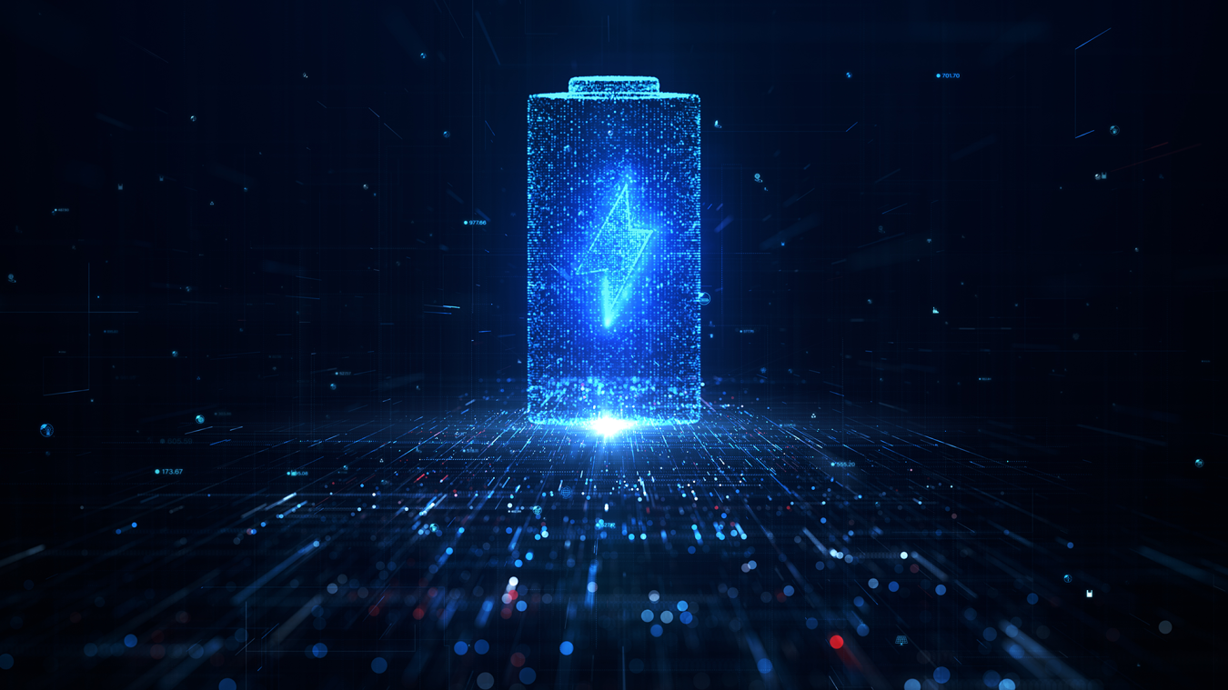 Illustration of a battery, made up of points of light and with a lightning bolt on it. Images feels futuristic and high-tech.