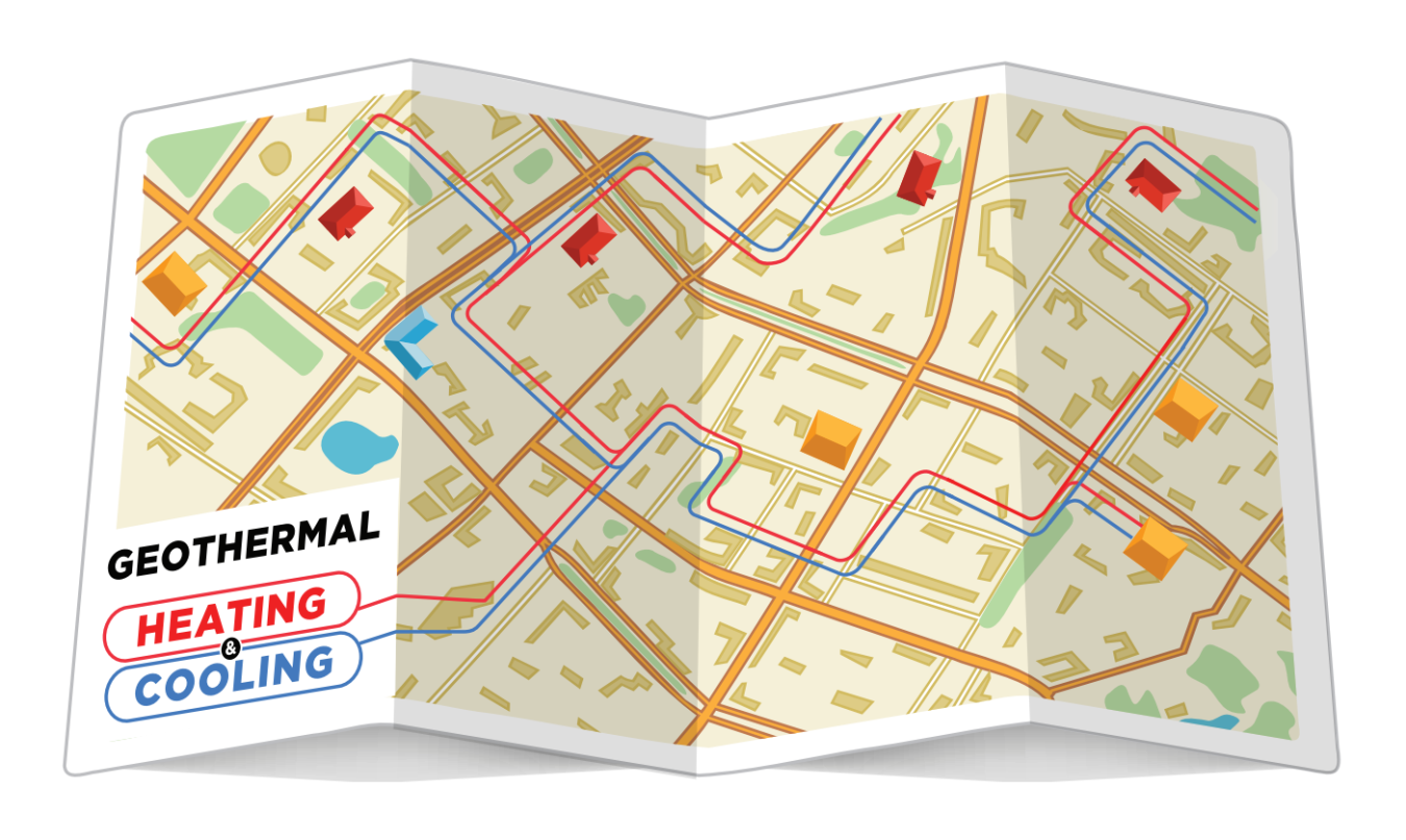 Geothermal Heating & Cooling with a city map and hot and cool piping overlaid on it